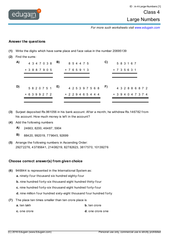 grade 4 large numbers math practice questions tests worksheets quizzes assignments edugain vietnam