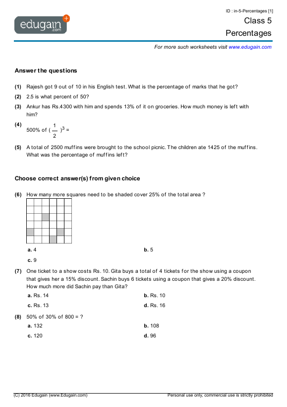 grade 5 percentages math practice questions tests worksheets quizzes assignments edugain vietnam